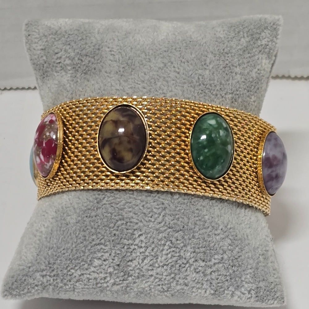 Vintage 1970's Sarah Coventry Goldtone Mesh Sonnet Bracelet Faux Gemstones